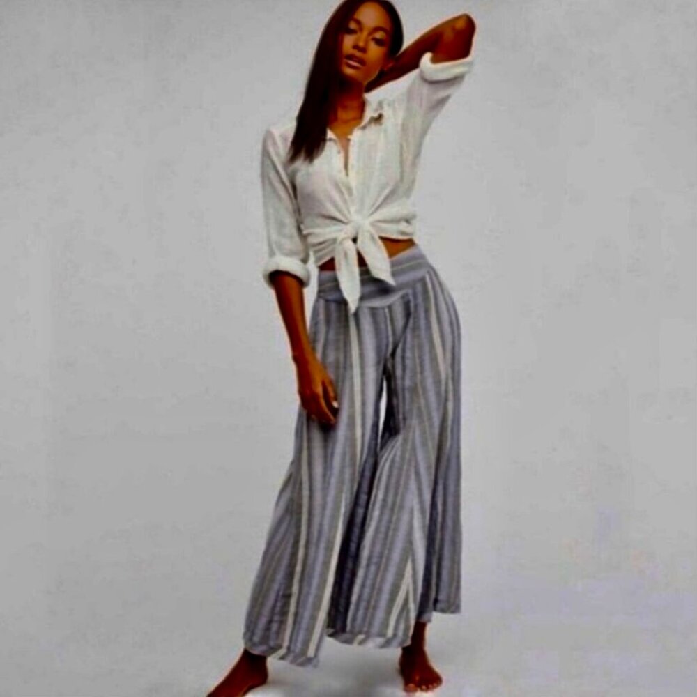 Free People Gray Striped Cropped Wide-Leg Pants